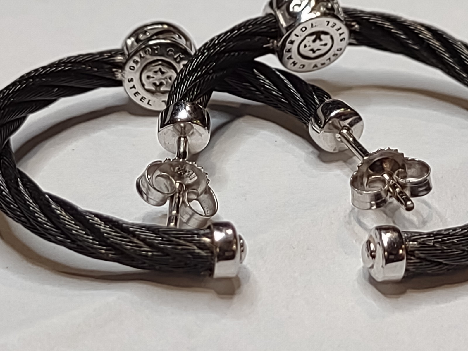 Charriol Black Steel Cable Hoop Earrings With 18Kt White Gold And Diamonds
