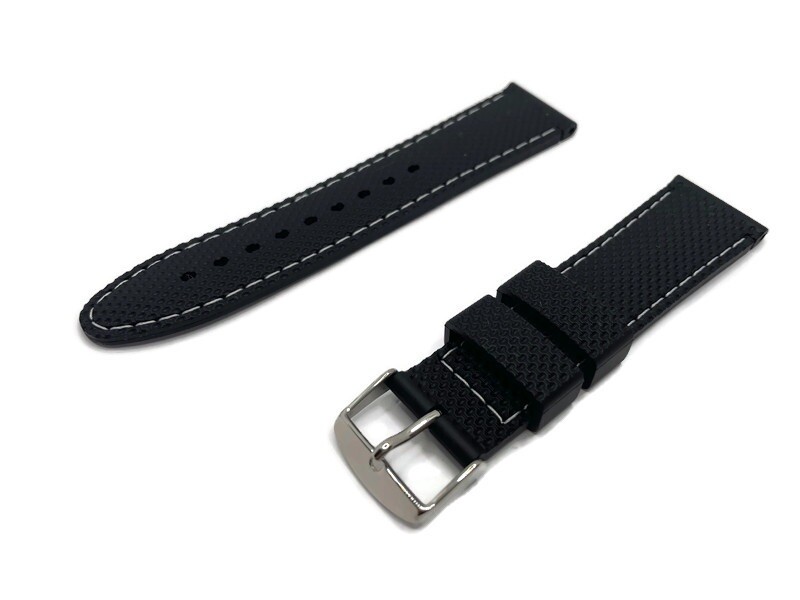 Rubber Watch Strap, Black Textured with White Stitching, Sizes 16mm to 22mm