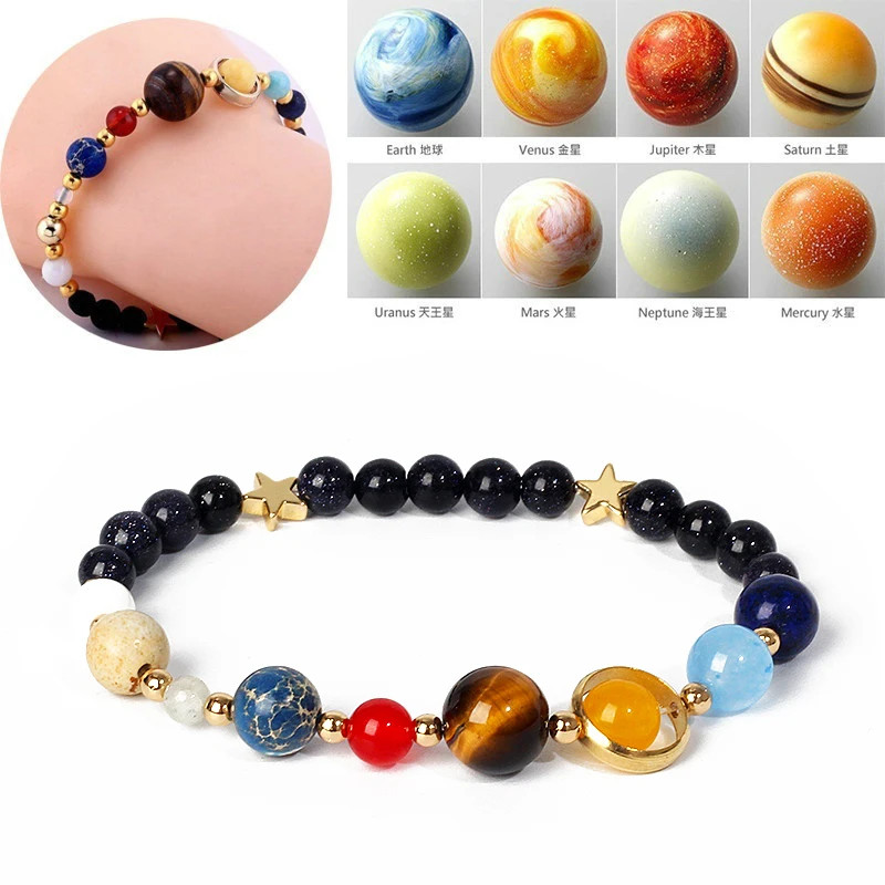 Stone Beaded Bracelet Solar System Planet Round Beads Unisex Bracelet Jewelry