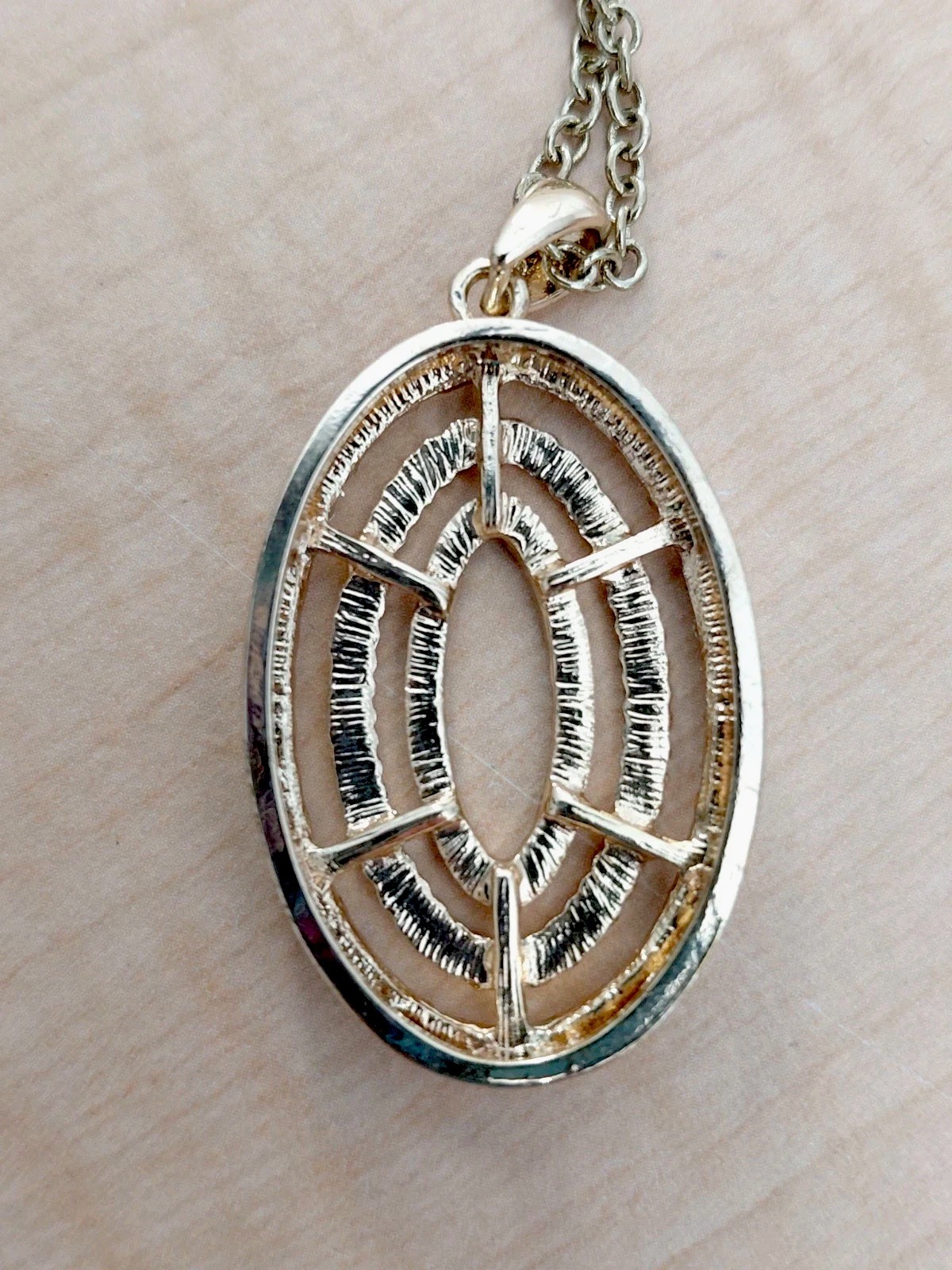 Gold Tone Oval Pendant Necklace _ Clear Rhinestone Accents _ None Missing