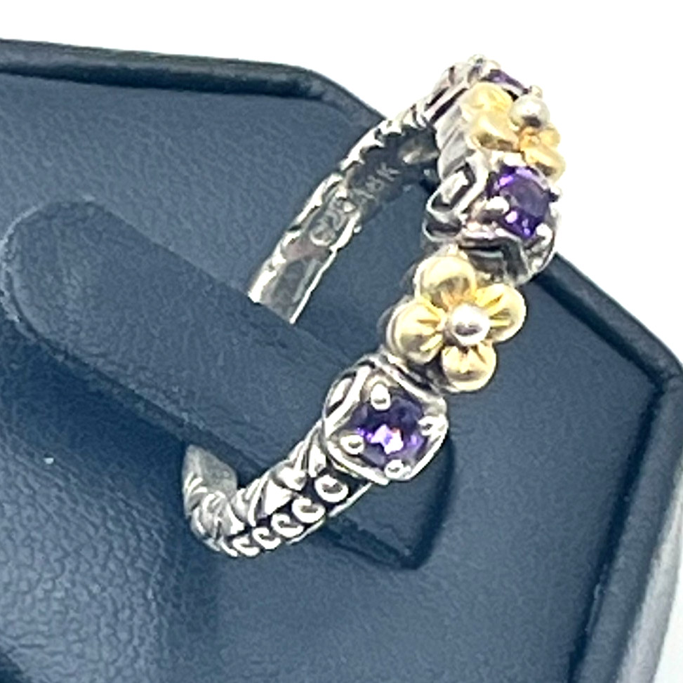 Barbara Bixby Band Ring Sz 8 Amethyst and 18k Lotus Flower Accents Sterling 925