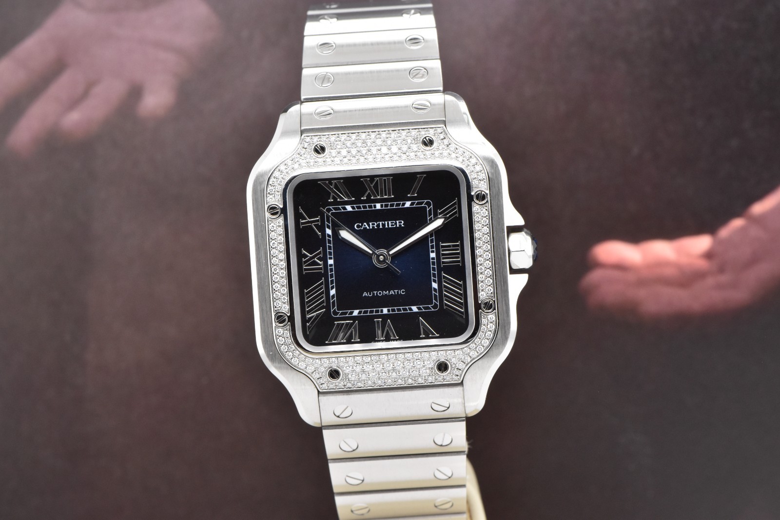 2024 Cartier Santos Medium Factory Diamond Bezel Blue Dial W4SA0006 4075 FS