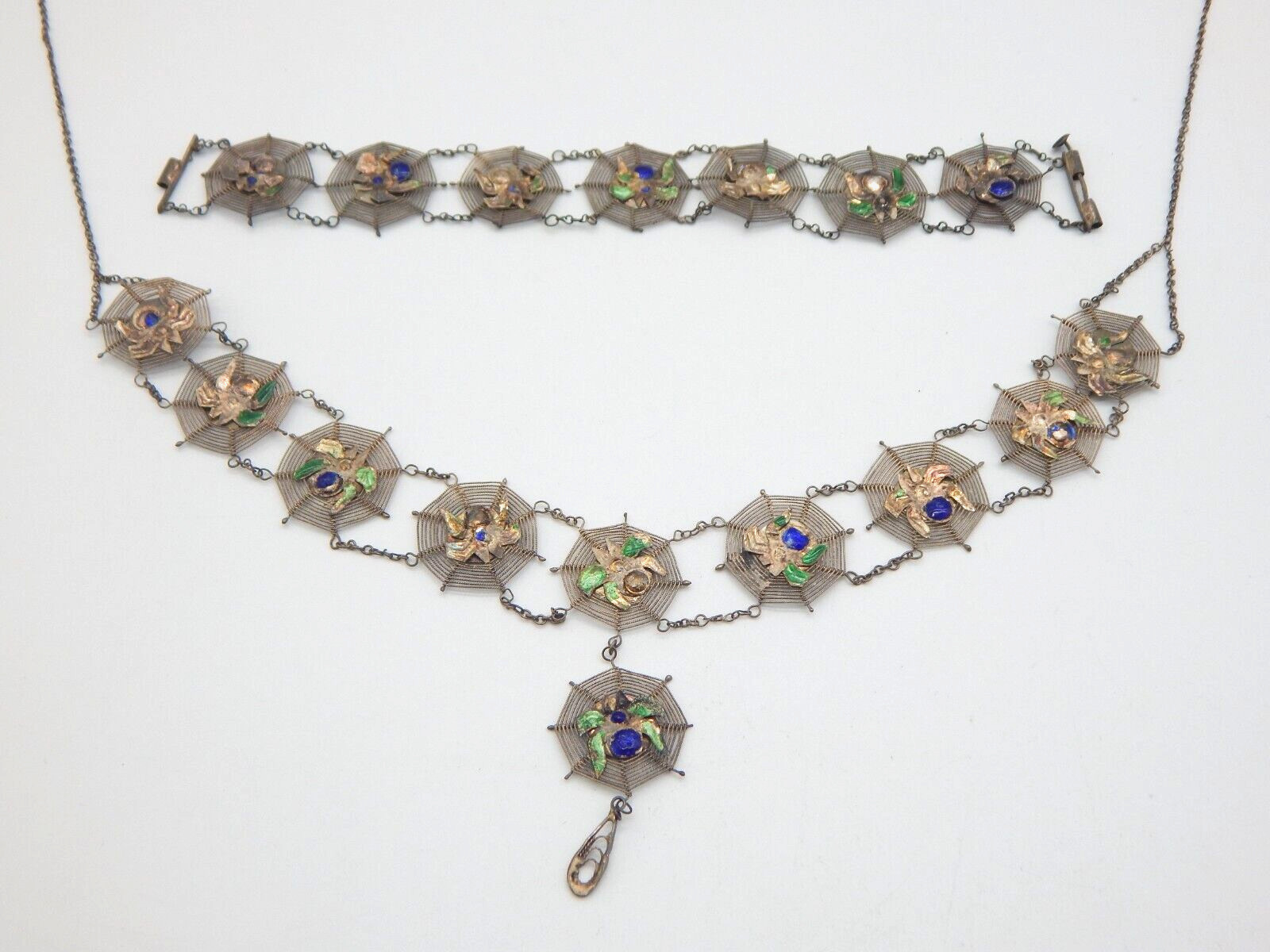 VTG 1940s Asian Silver Spiders on Spider Webs Necklace and Bracelet Set (CF110)
