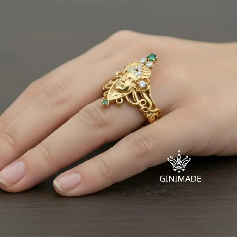 Art Nouveau Gold Goddess Face Ring w/ Emerald & Diamond