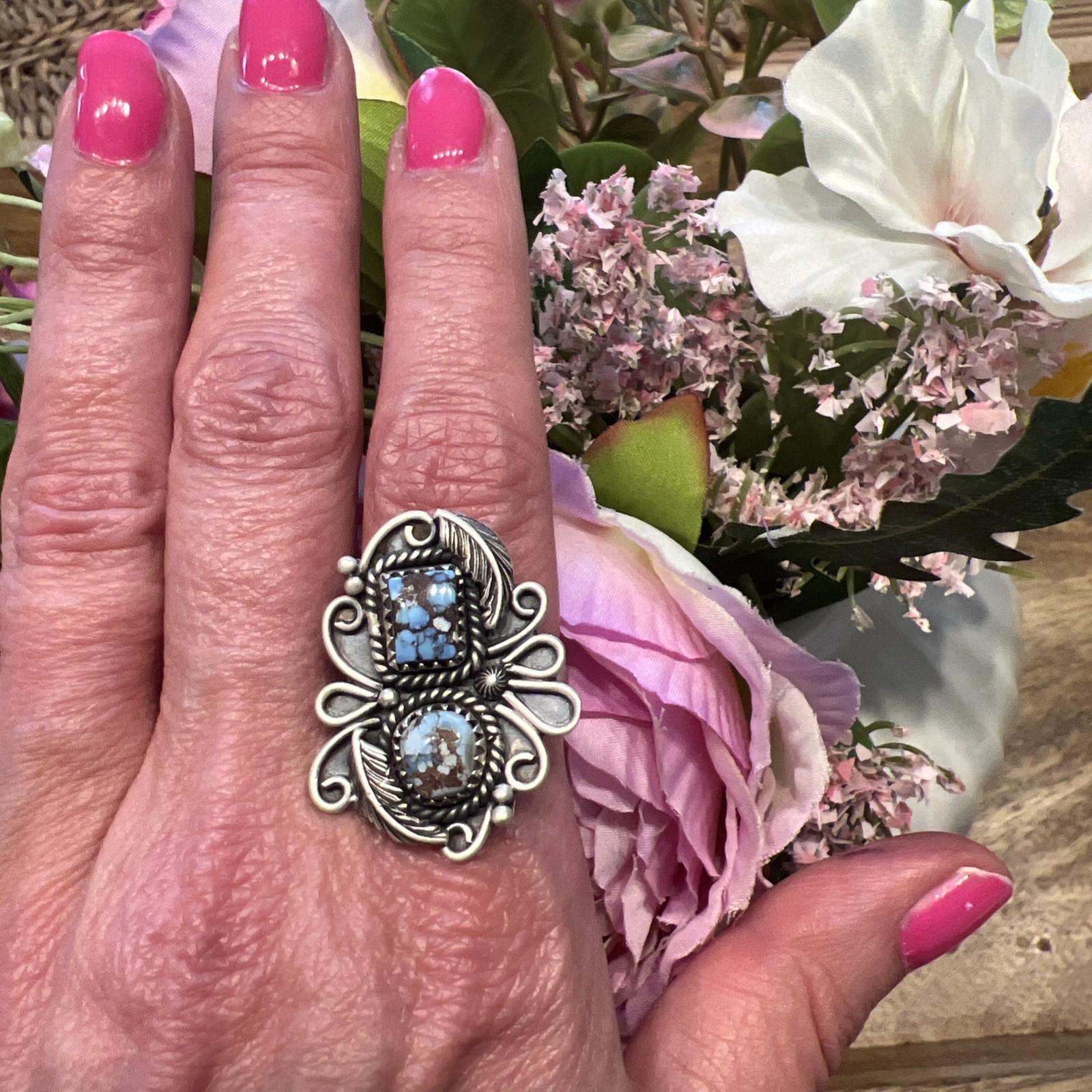 Golden Hills Turquoise Sterling Silver Ring SZ 6.5-7.5 Southwestern Native Style
