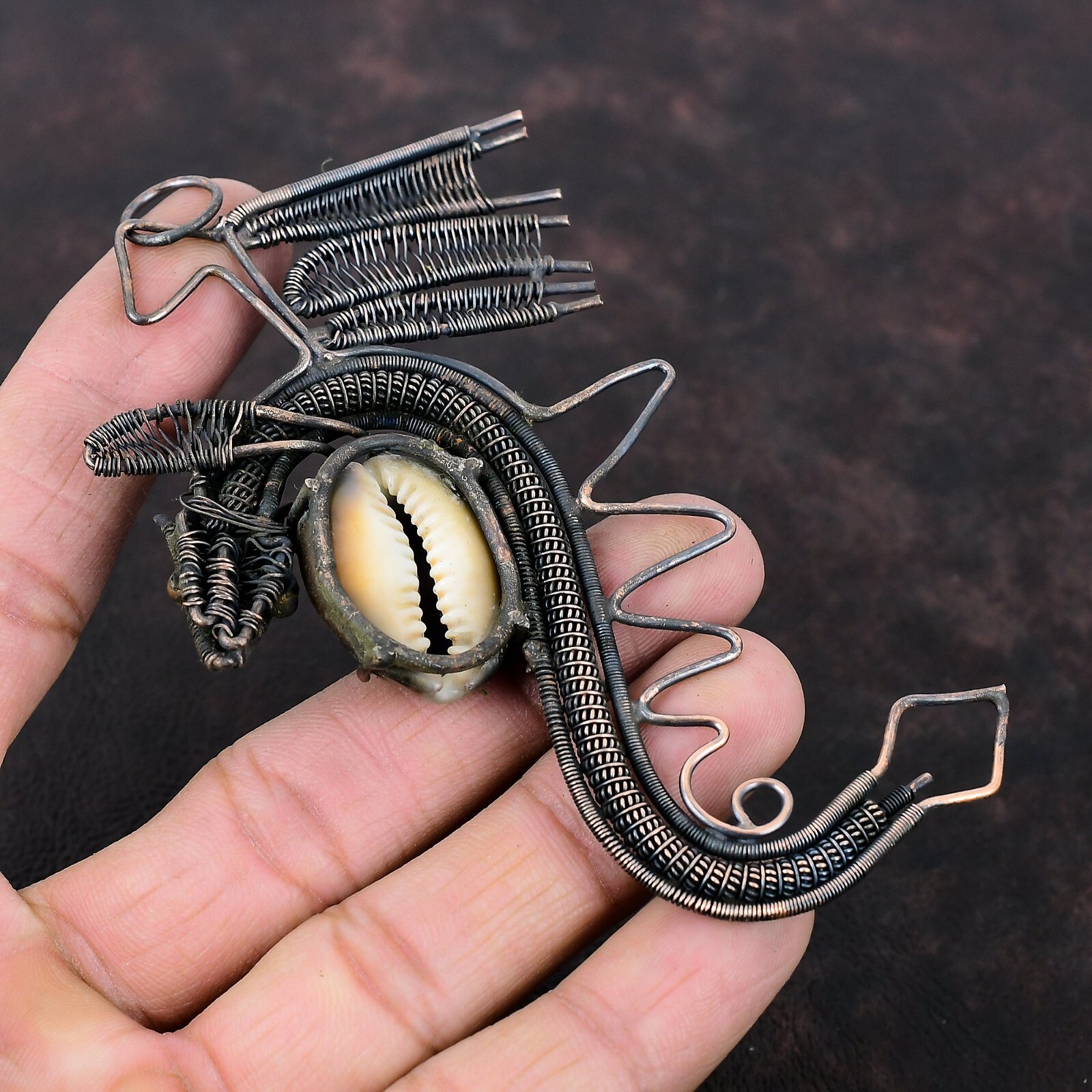 Cowrie Shell Wire Wrapped Dragon Pendant Handcrafted Copper Gift Jewelry 4.45″