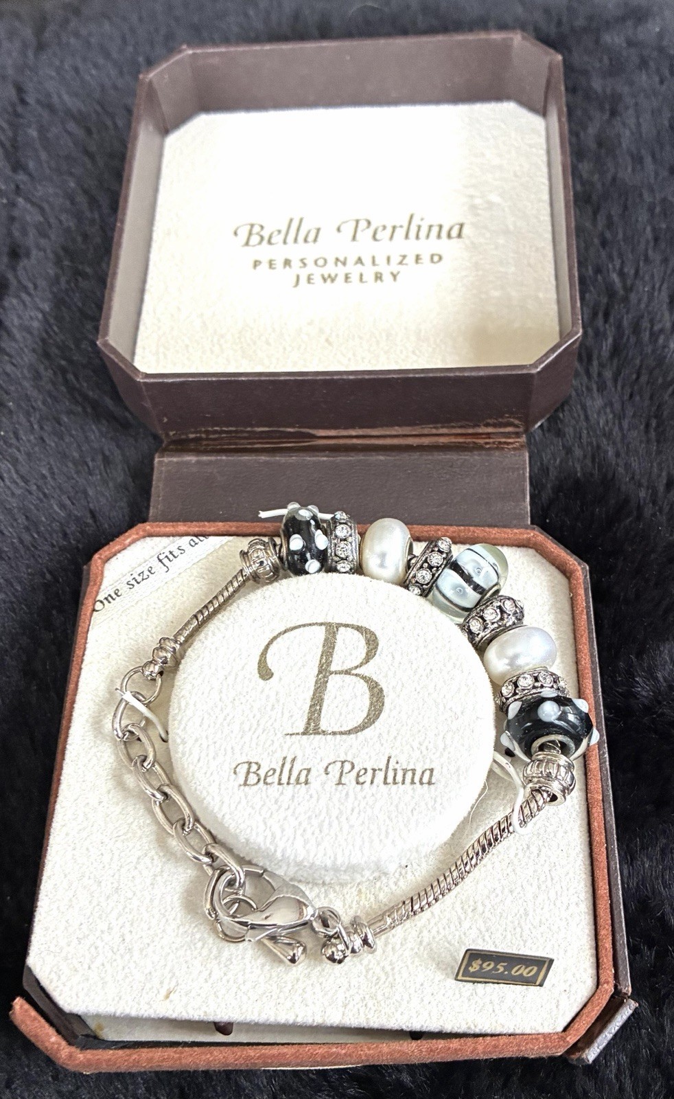 Bella Perlina Charm Crystal Bead Bracelet pearl Rhinestone Silver Tone New $95