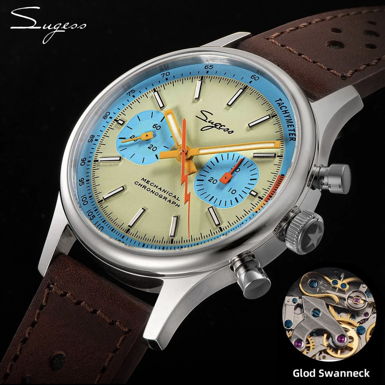 Sugess Pilot Watch 40mm ST19 Swanneck Movement Teal blue Dial with Brown Leather