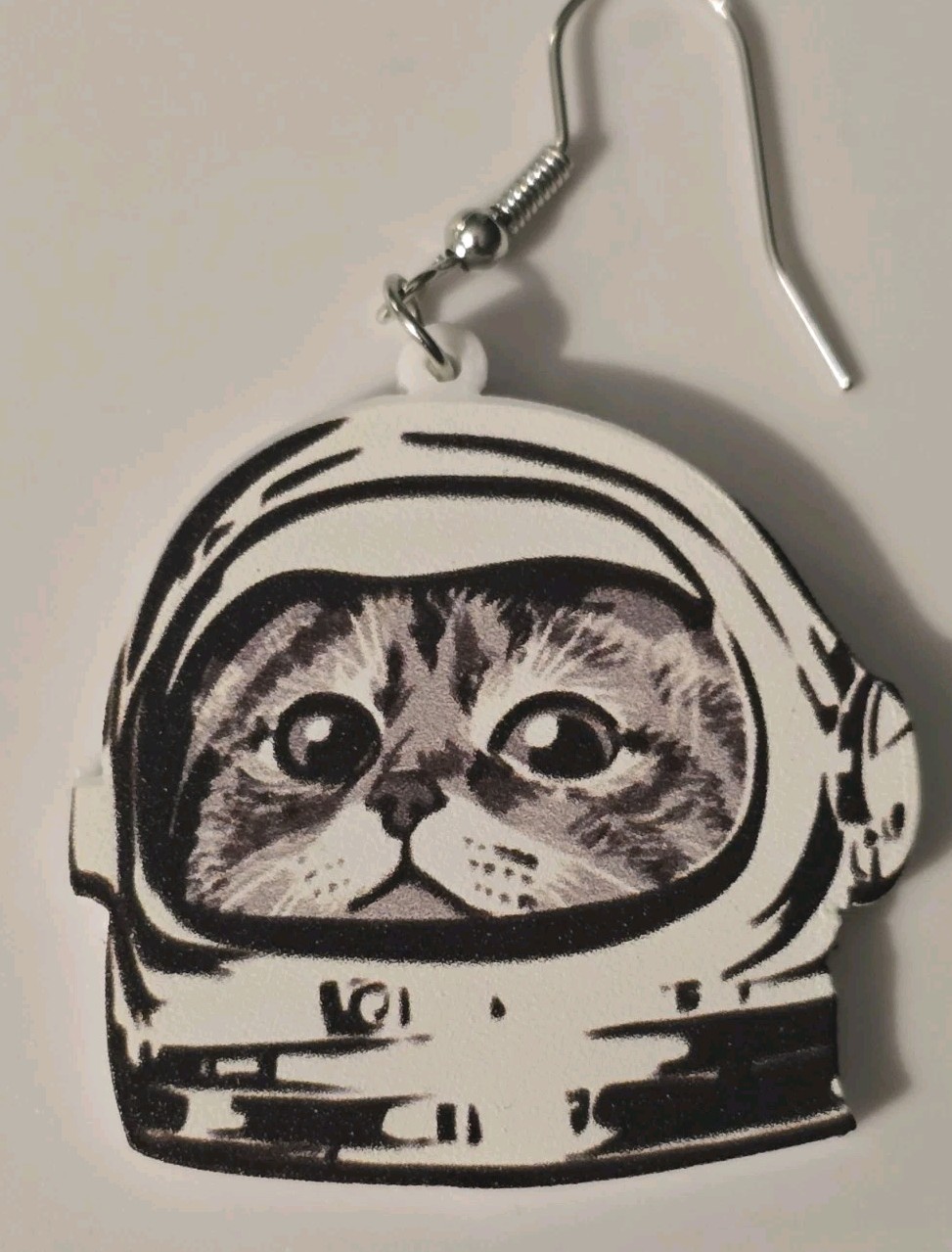“Catsronaut” Earrings Acrylic Cute Cat In Space Helmet Black White 1.25×1.25″