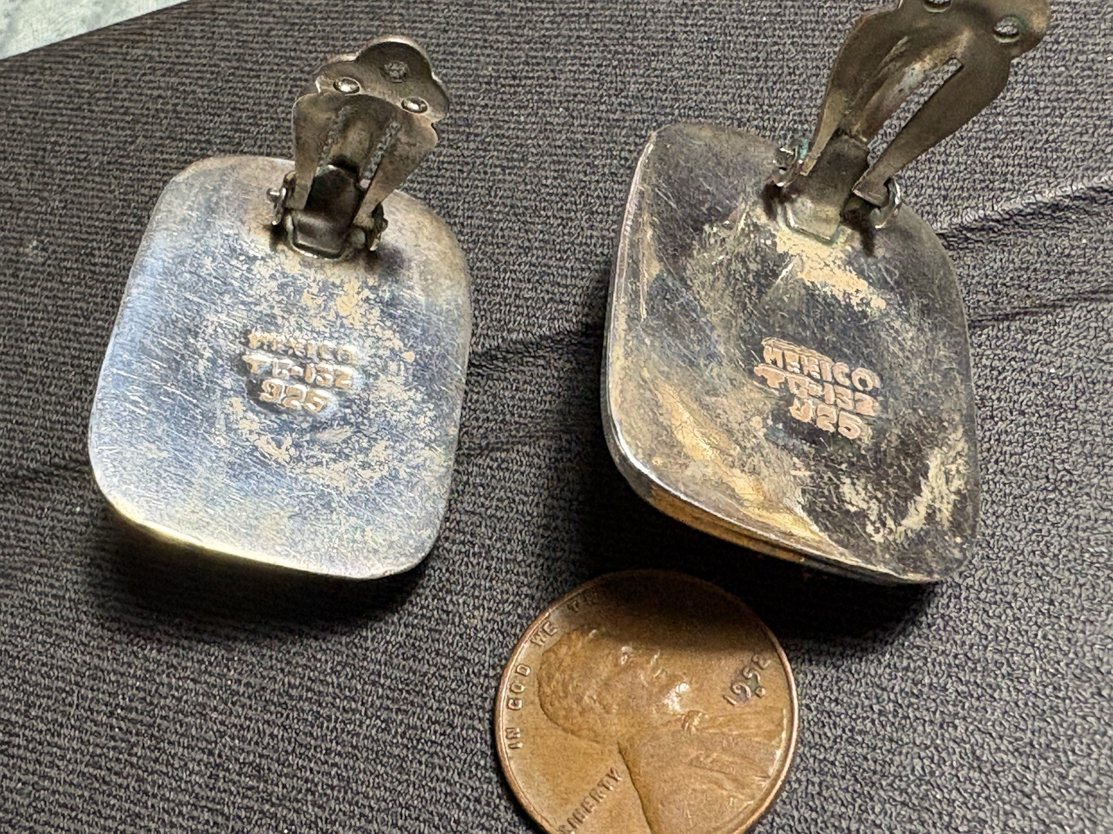 Large Sterling Vintage Mexico Onyx Clip On Earrings TC-132 925 Silver