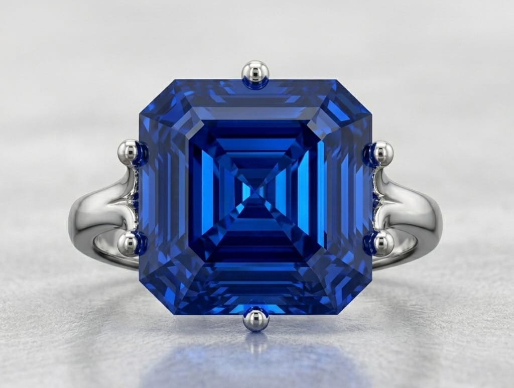 5.00 Ct Certified Asscher Shape Blue Natural Diamond Ring VVS1 White Gold Finish