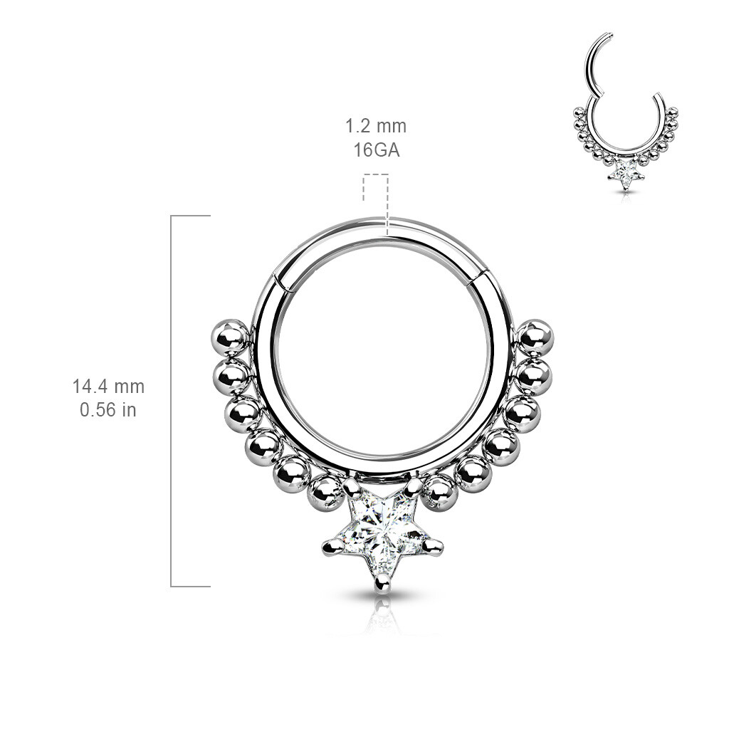 All Surgical Steel Front Facing Star CZ Precision Hinge Segment Ring Nose Septum