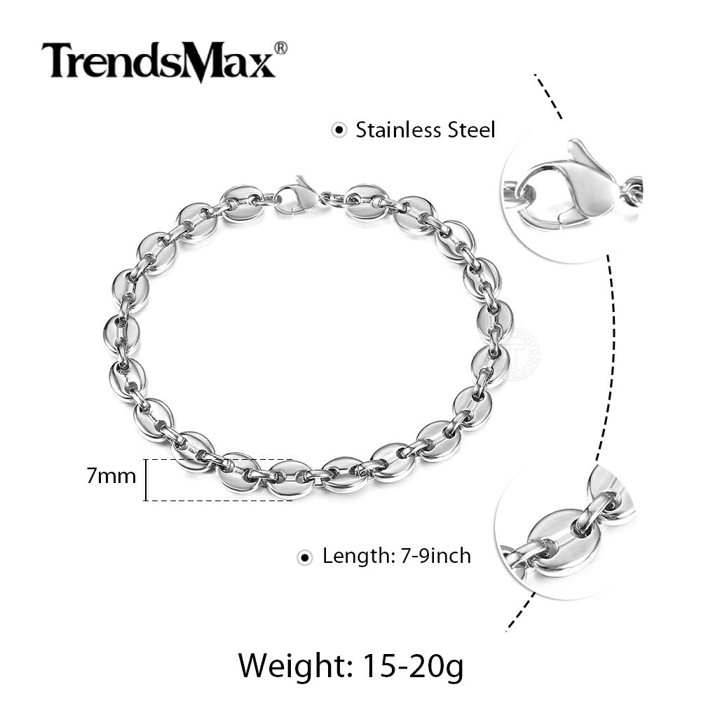 7/9/11mm Coffee Beans Marina Chain Bracelet Silver/Gold Plated Stainless Steel
