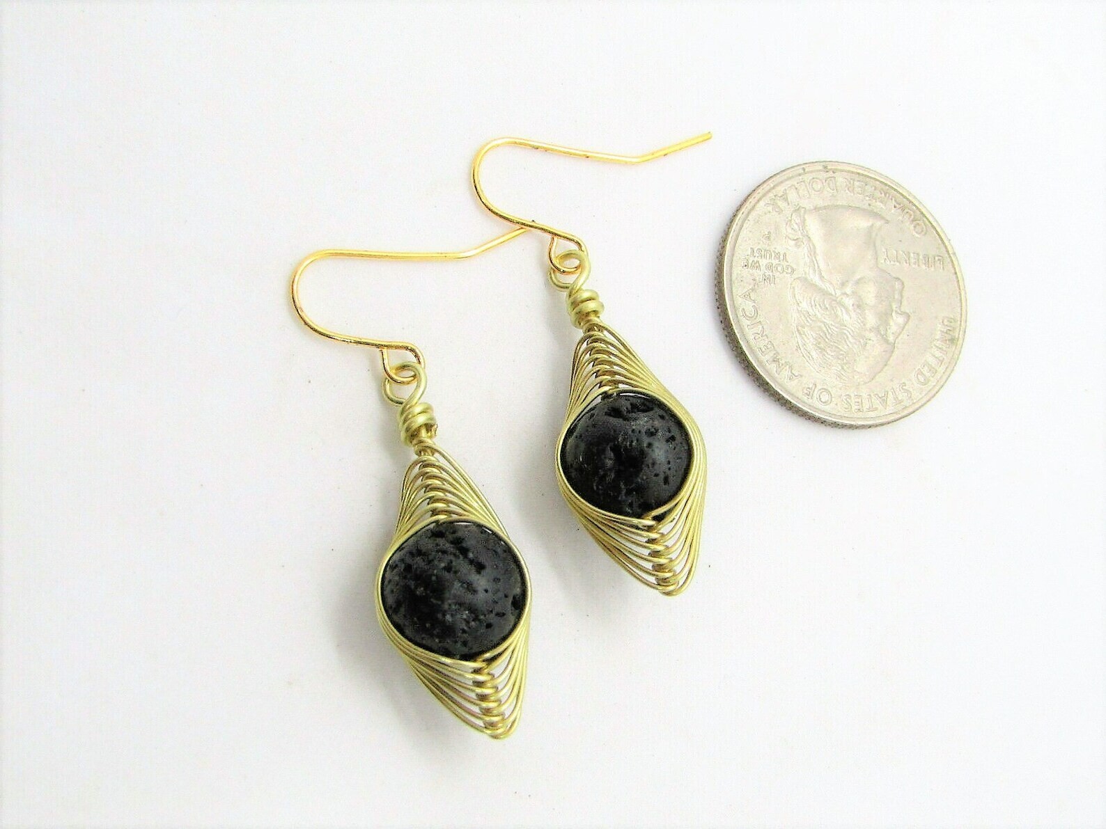 Healing Lava Stone Gold Wire Wrapped Earrings, Black Gemstone Dangle Earrings