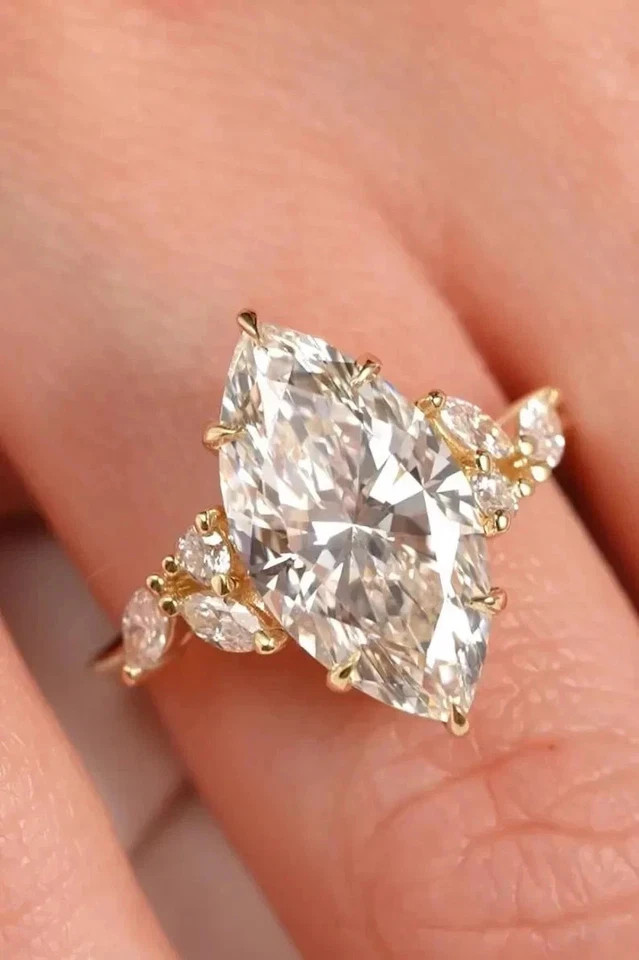 4.20Ct Marquise F-VS1 Lab Grown Diamond Women Wedding Ring 14K Yellow Gold IGI