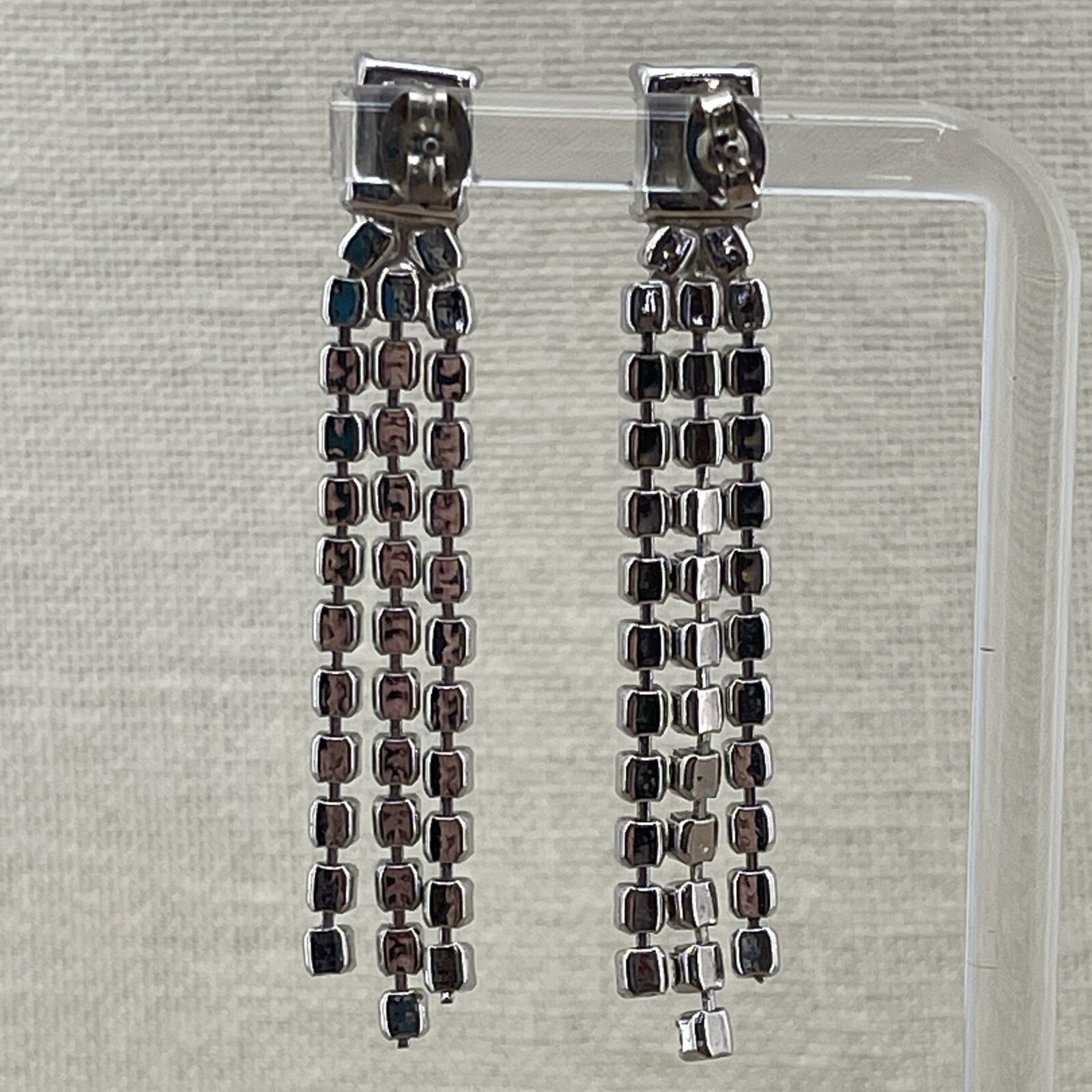 Vintage Rhinestone Black Silver Tone Fringe Stud Earrings Drop Dangle Push Lock