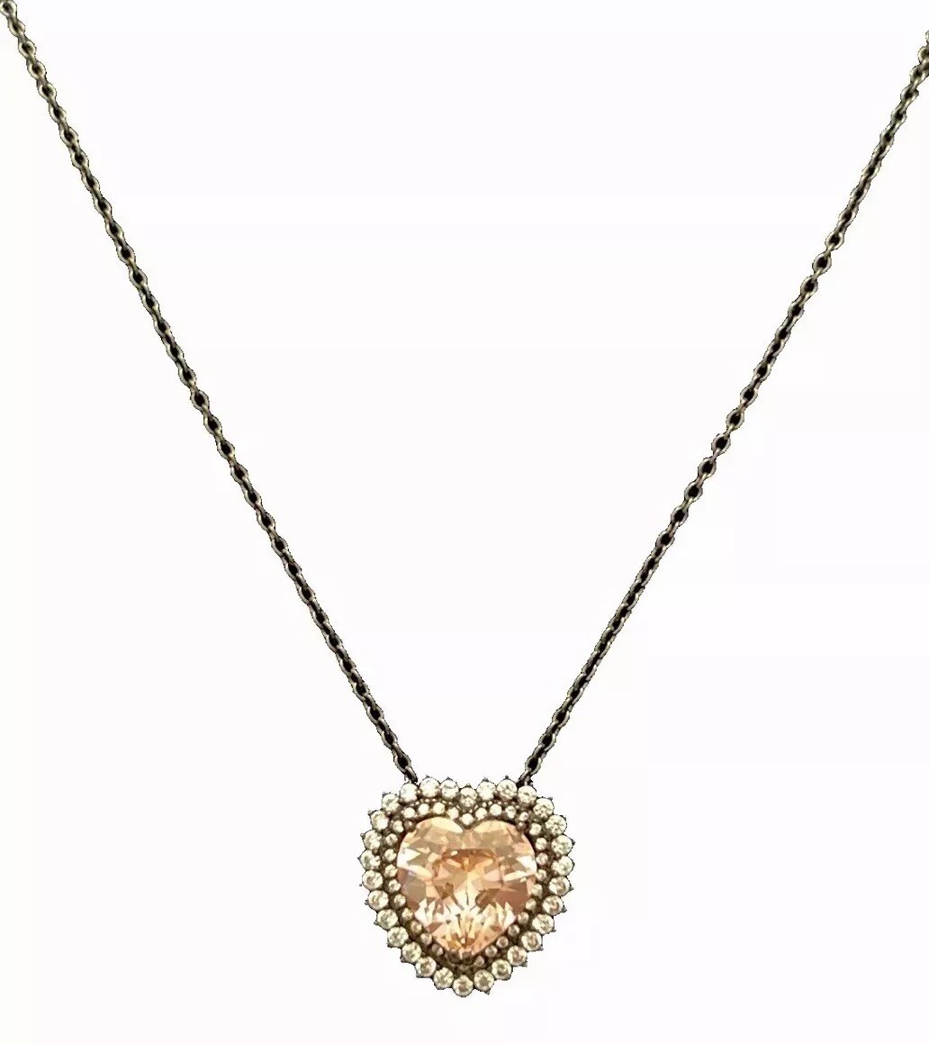 PINK HEART W/CLEAR CZ 925 BLACKENED STERLING SILVER NECKLACE 7.75-9.75”