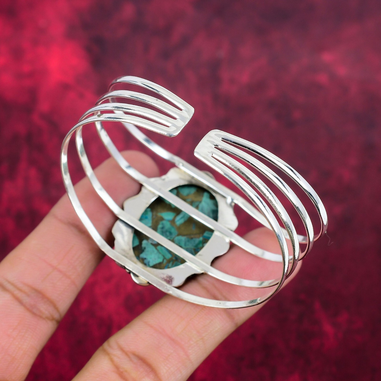 Copper Malachite Gemstone Handmade Jewelry 925 Solid Silver Adjustable Bangle