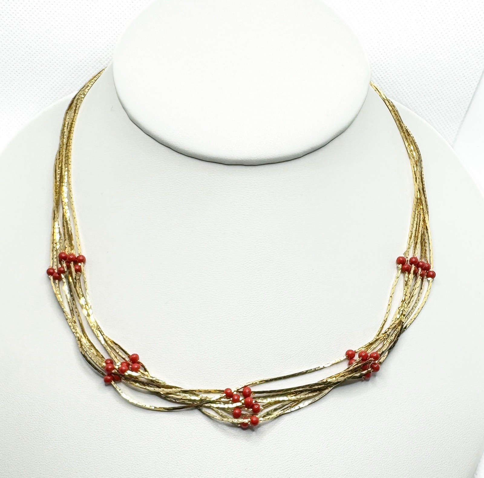 Bold 7 Strand Gold Tone Necklace w Tiny Red Beads. Liquid Gold Style Retro