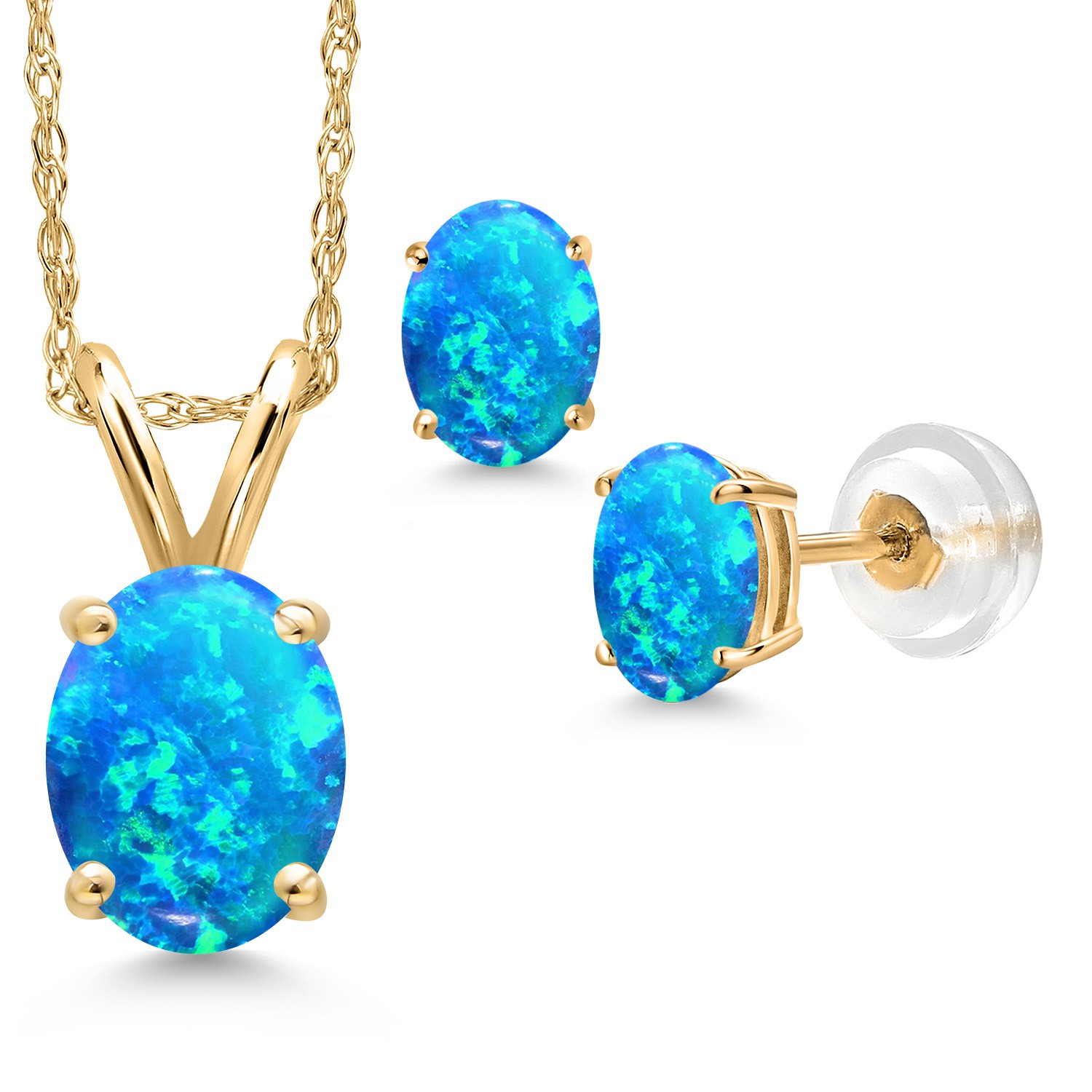 14K Yellow Gold Simulated Blue Opal Pendant Earrings Jewelry Set For Women |