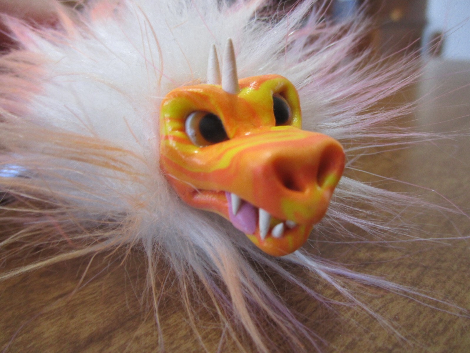 Neon Faux Fur Feathered Serpent Quetzalcoatl Brooch Pin 11″ Sculpted Dragon Face