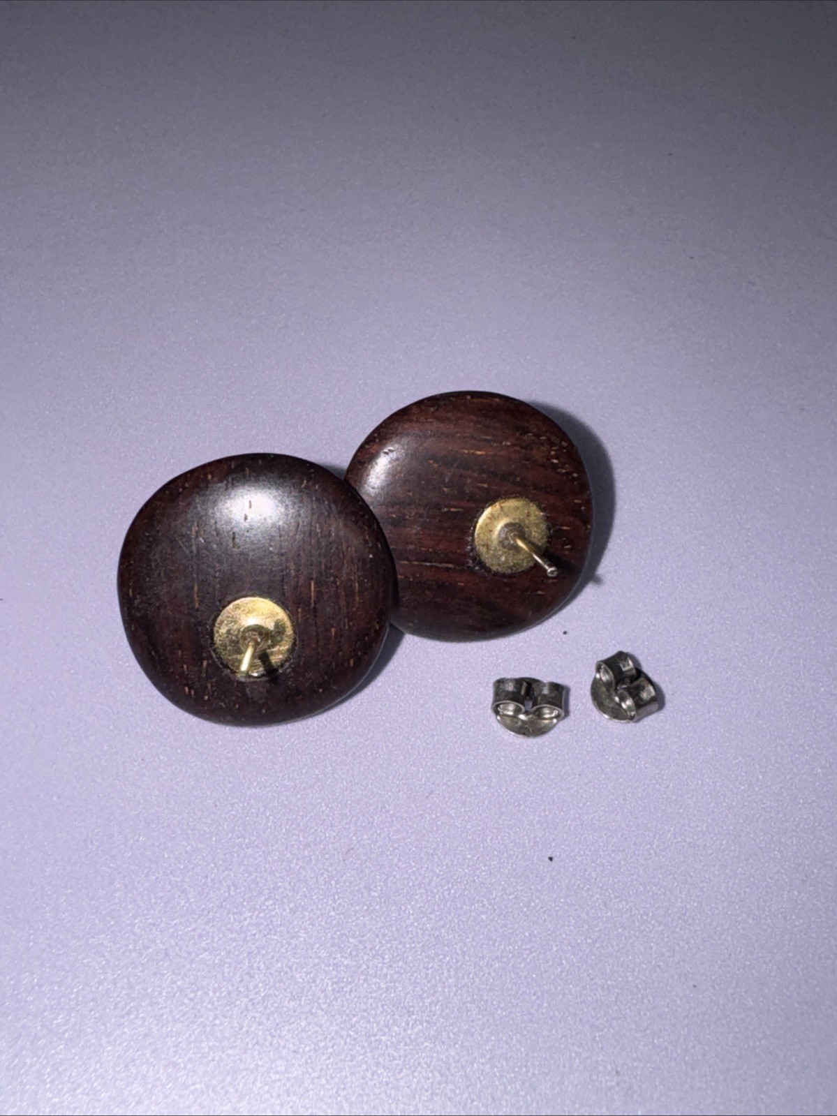 Vintage Carved Wood Button Stud Earrings Dark Brown Boho Natural Grain 70s 80s