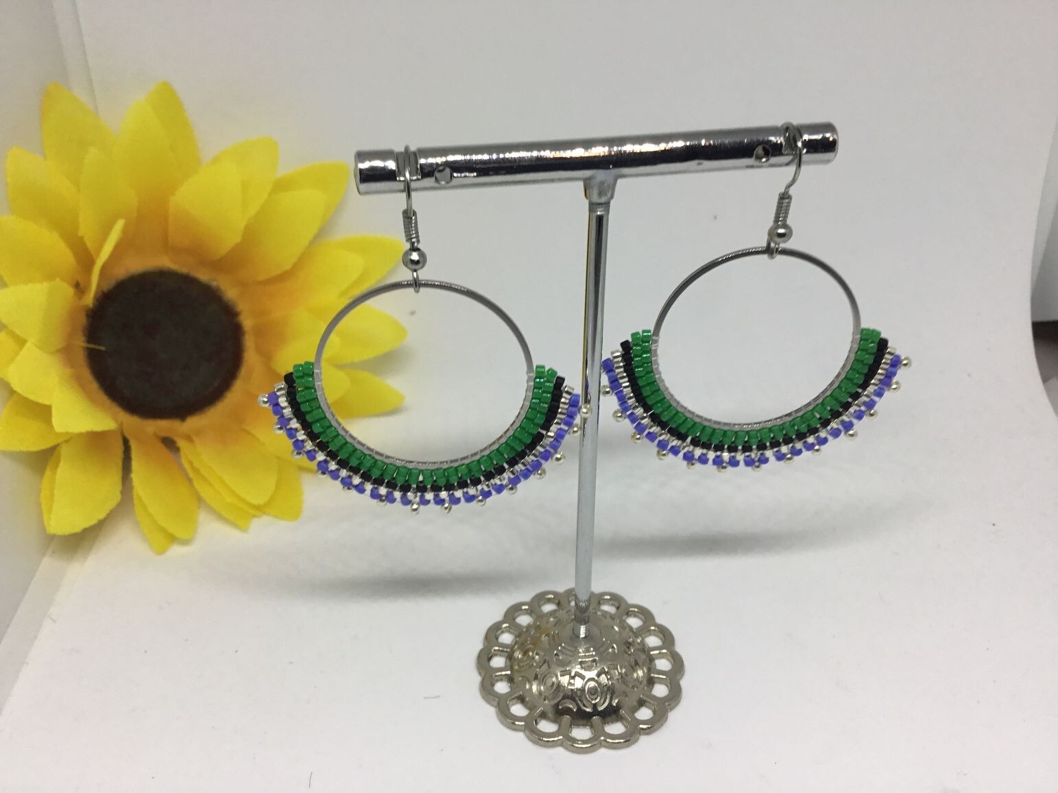 Beaded Hoop Drop Earrings, Wire Hook, Multi-Color, Miyuki Delica beads (Choose)