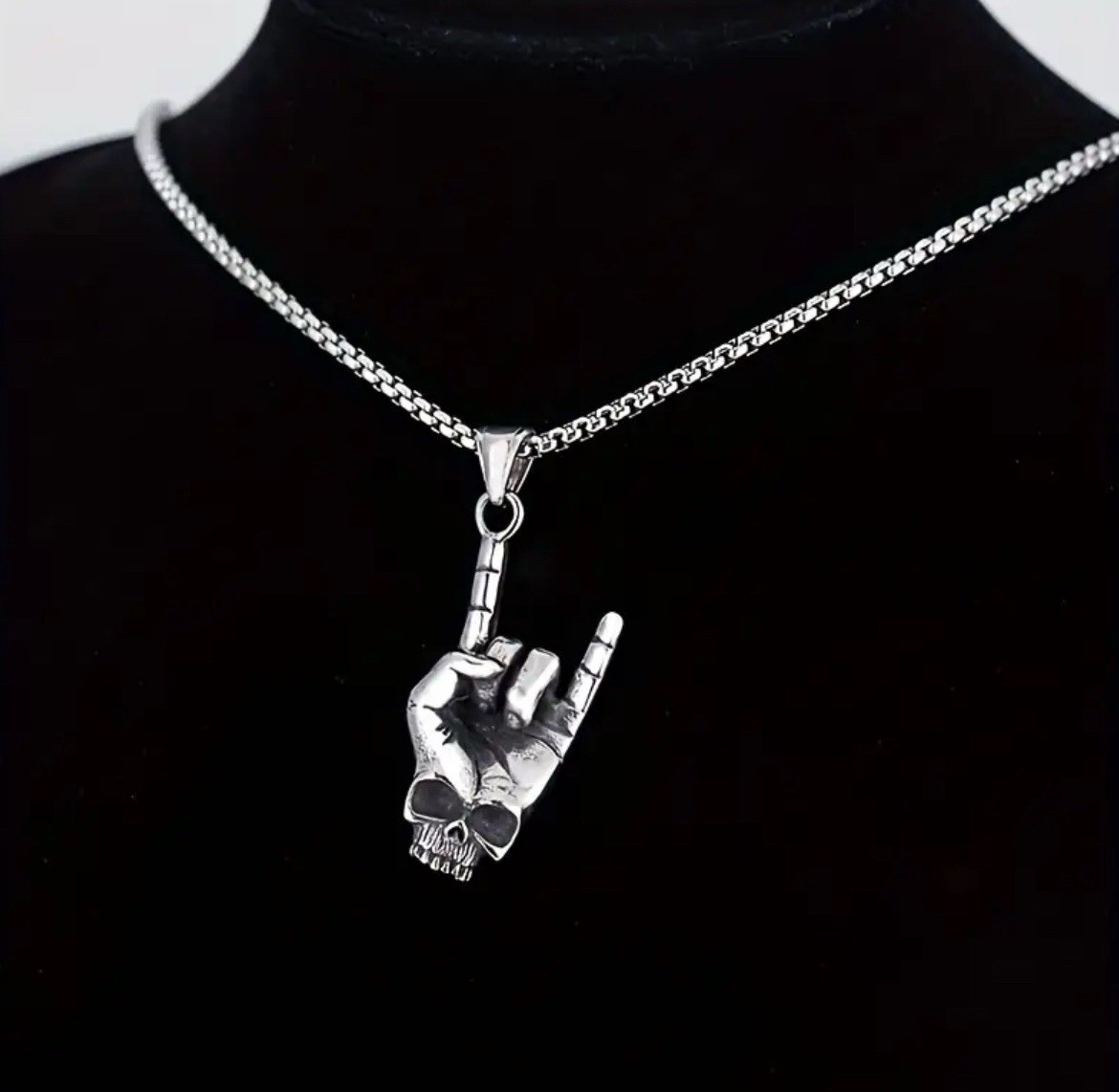 Rock Skull Hand Necklace Punk Awesome Silver 304L Stainless Steel Pendant