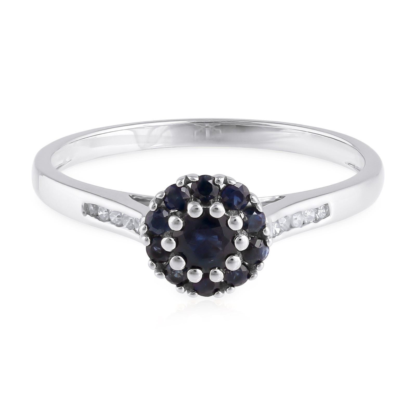 0.46 CT Blue Sapphire Cluster Diamond Channel Shoulder Ring 925 Sterling Silver
