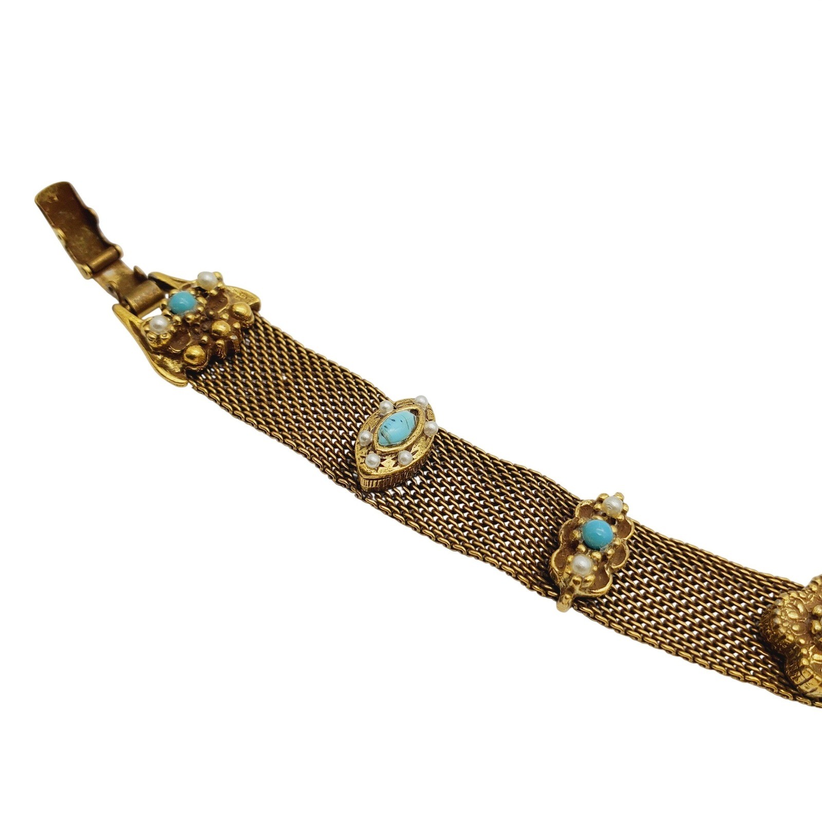 Vtg Goldette Gold Tone Victorian Revival Mesh Chain Bracelet Jeweled Blue Purple