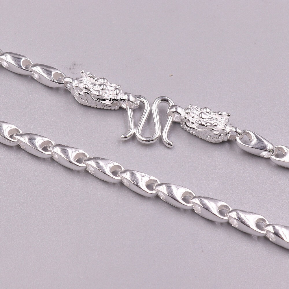 Pure S999 Fine Silver 999 Chain 4mm Triangle Bead Link Dragon Head Chain 26-27g