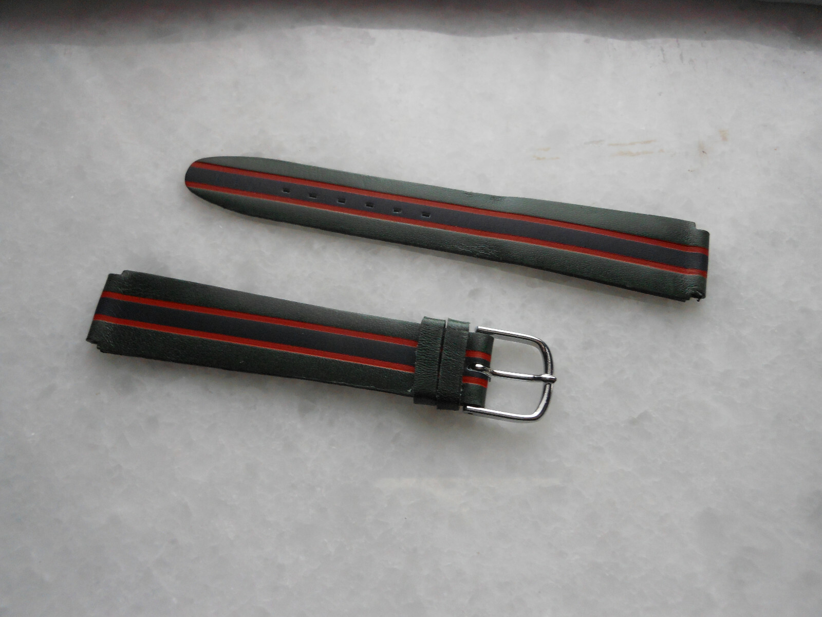 NOS Genuine Leather watchband, Made in France, Vintage, Green and Red 14mm