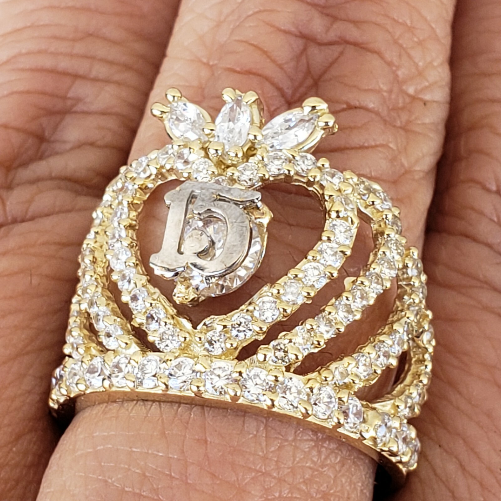 Big 10k yellow gold quinceanera 15 crown ring size 5 6 7 8 9 10 womans