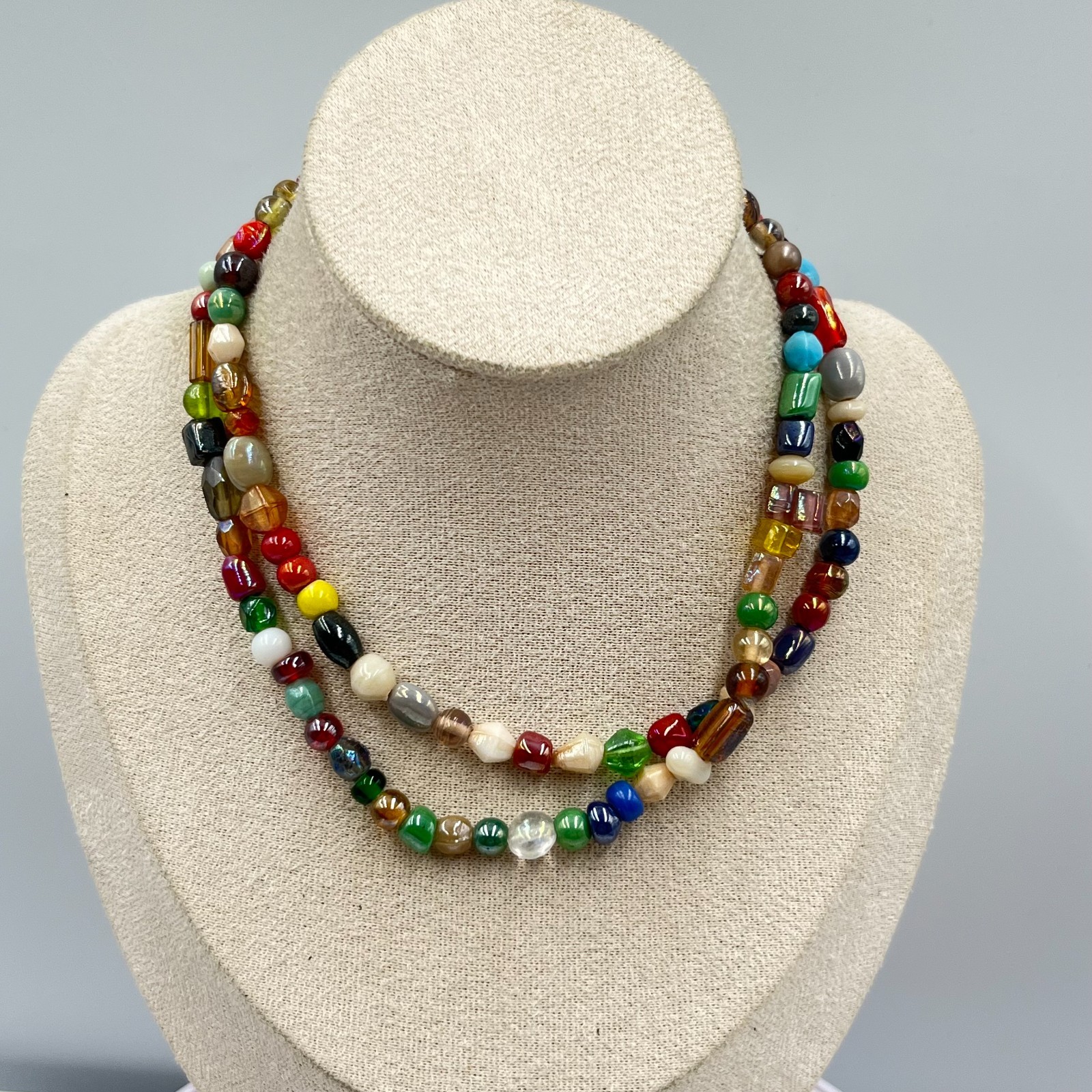 Vintage Boho Multi-Color Glass Bead Strand Necklace Eclectic Artsy Retro Style