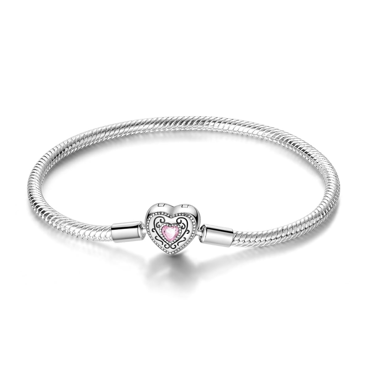 Sterling Silver Snake Chain Charm Bracelet 7.5″ Retro Heart Butterfly Heart
