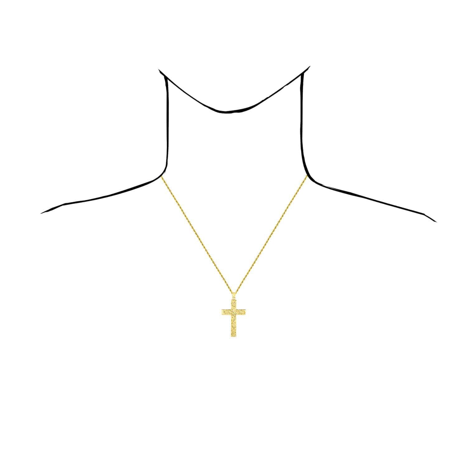 14K Real Gold Textured Cross Pendant 1.9″