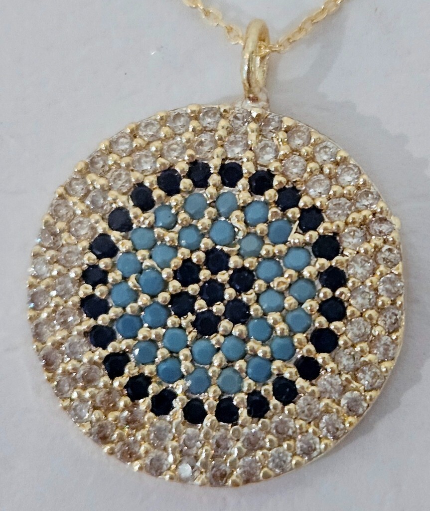Zirkon Kolye Pendant Necklace ~Blue & Clear Stones ~Turkey ~ Gold Color ~NIP