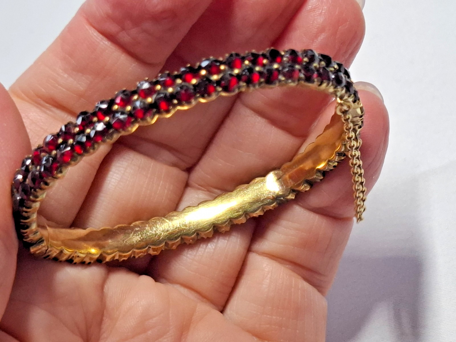 Solid Antique Gold Plated Bangle With Safety Clasp Red Garnets
