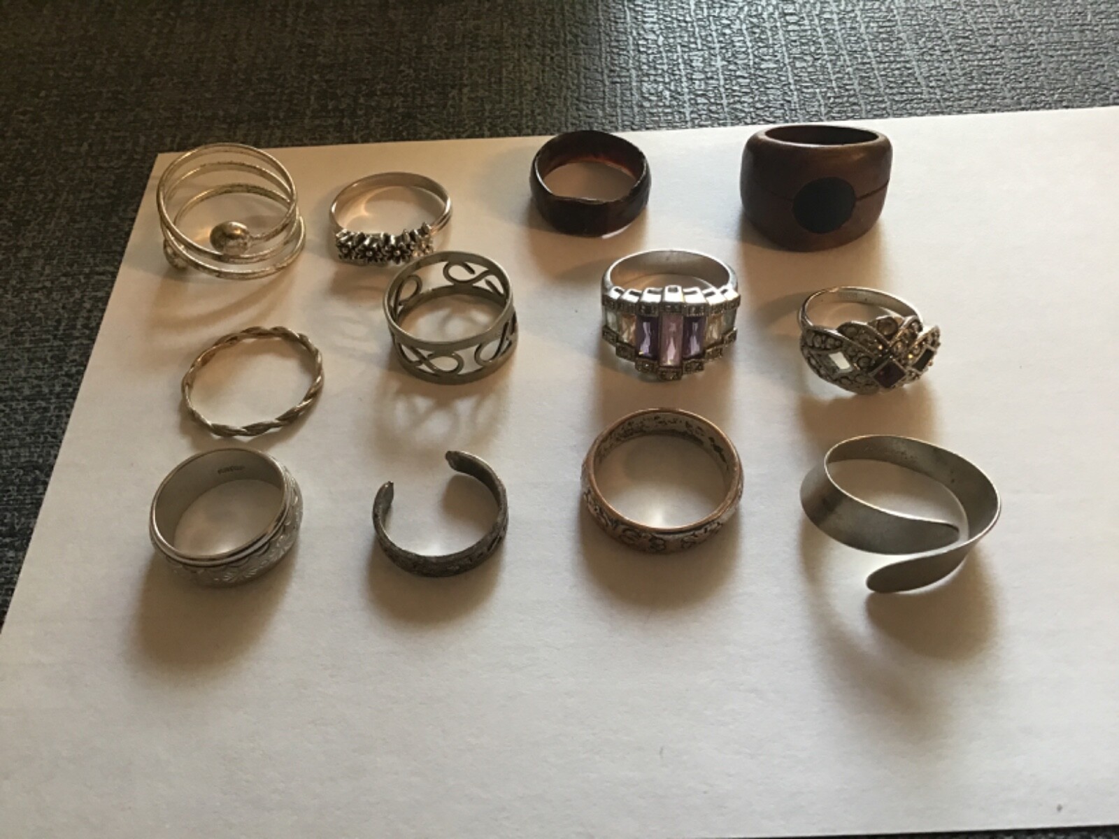 costume ring lot of 12 silver, copper, metal, wood and shell size 4-8