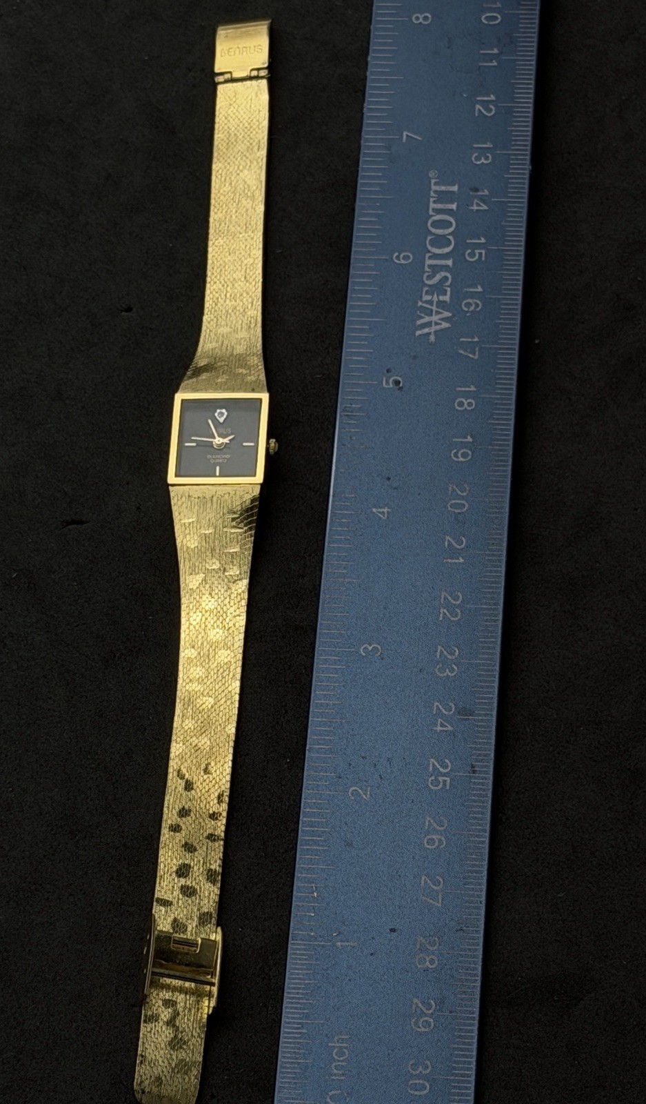 Vtg 1989 BENRUS Tank Diamond Women’s 18mm Quartz Watch Gold Case Bracelet Black