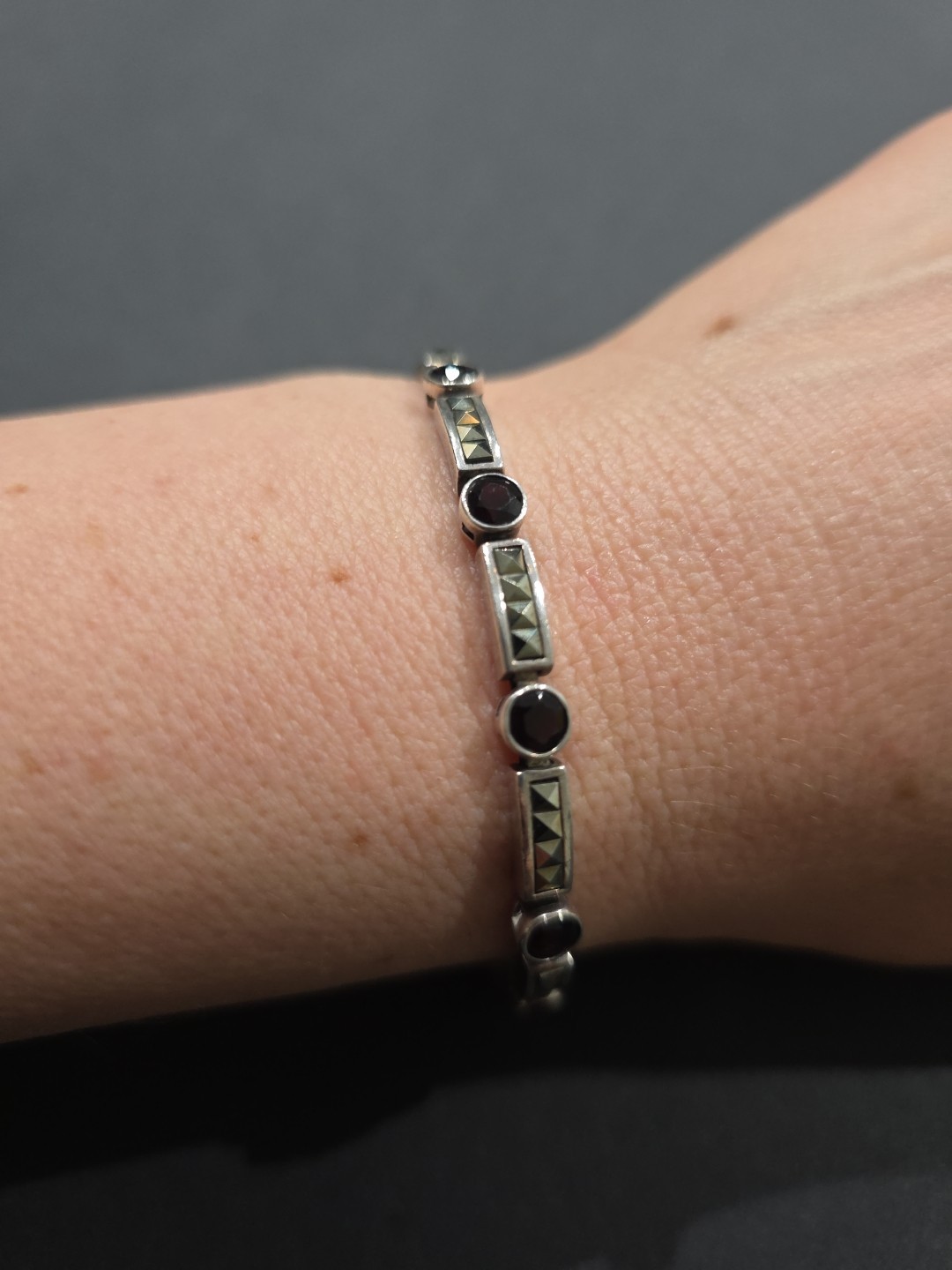 Vintage Art Deco ACi 925 Sterling Silver Garnet Marcasite Tennis Bracelet 7″