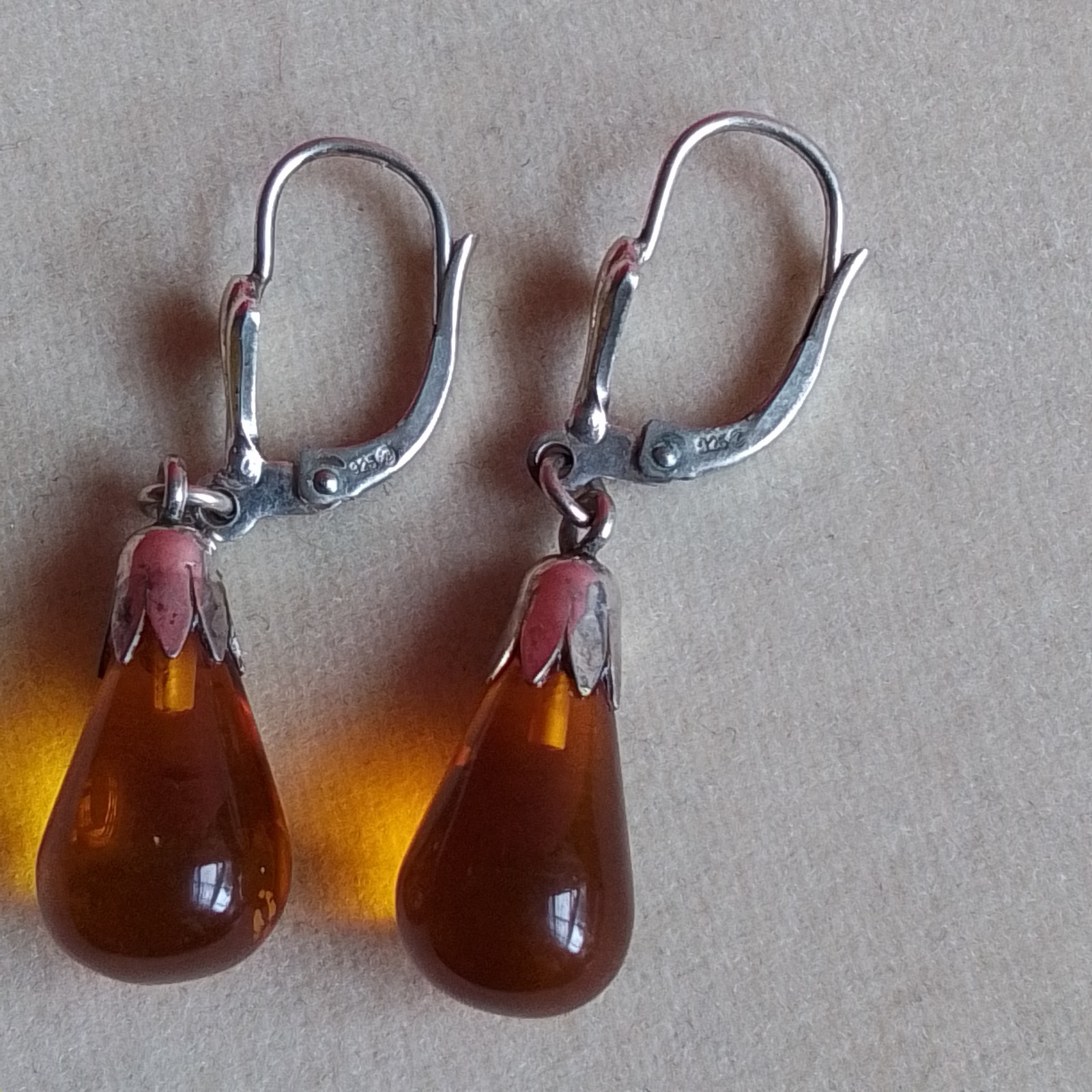 Sterling Silver Lever Back Dangle Earrings, Amber Teardrop, 1 3/8 in, Pre-owned