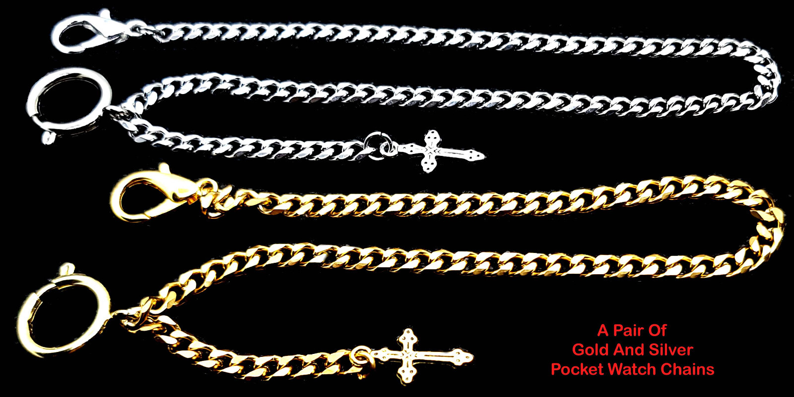 Two Custom Made Pocket Watch Chains with Spring Ring Clasp and Cross Fob