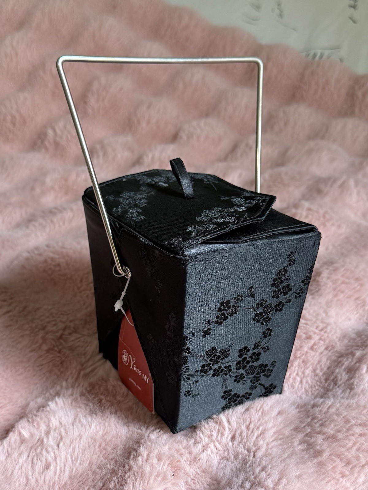 Vintage Yans NY Black Floral Fabric Jewelry Gift Box Square w/ Metal Handle