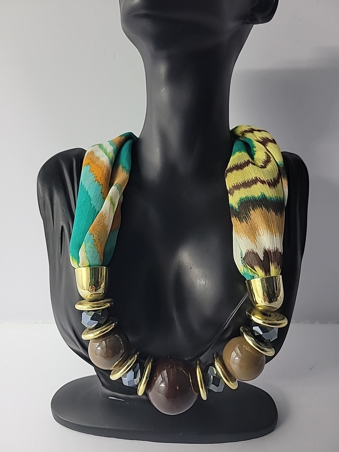 Vintage Boho Statement Necklace Fabric Beads Resin Gold Tone Boho Boutique