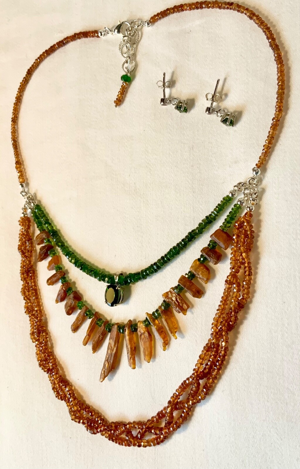 SS .925 SPESSARTINE KYANITE CHROME DIOPSIDE 3 STRAND NECKLACE EARRINGS