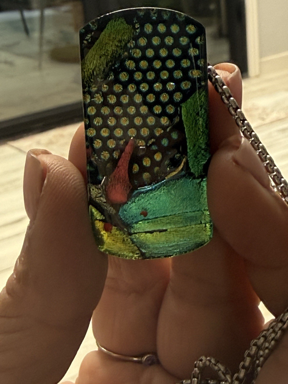 Vintage Signed Silver Dichroic Fused Glass Pendant Necklace 22”, Brooch