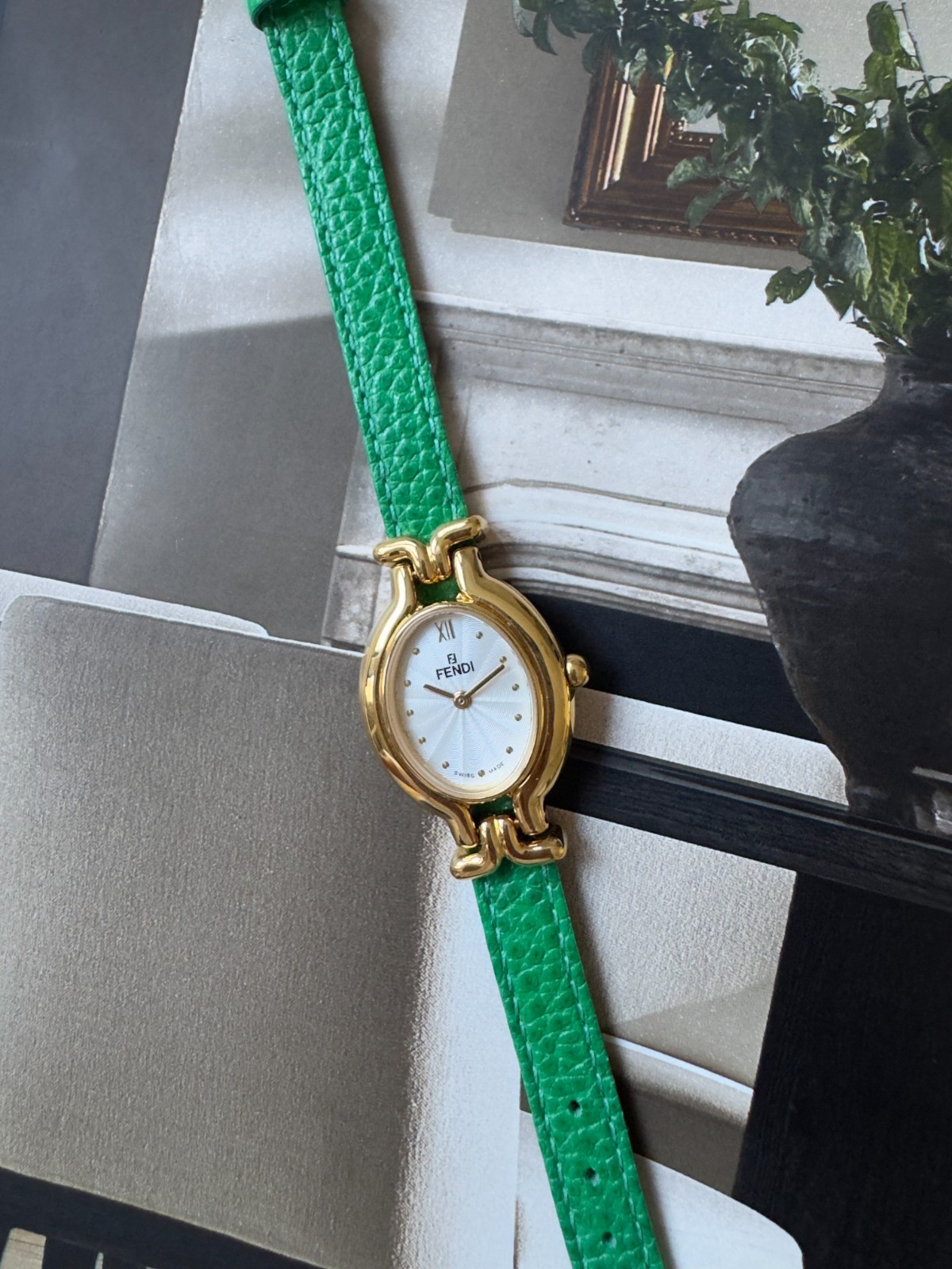 Authentic Fendi Watch 640L 25mm Green Leather Strap