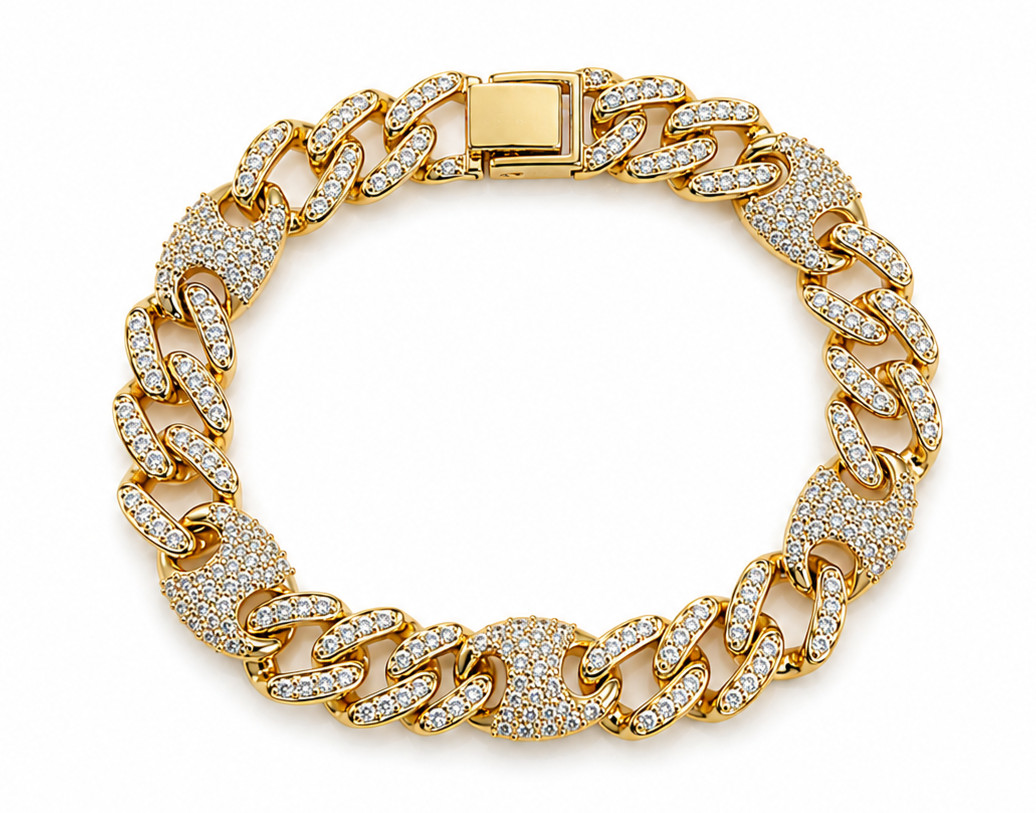 Italian 1/200 14k Yellow Gold Oro Iced CZ Miami Cuban Mariner Link Bracelet mm
