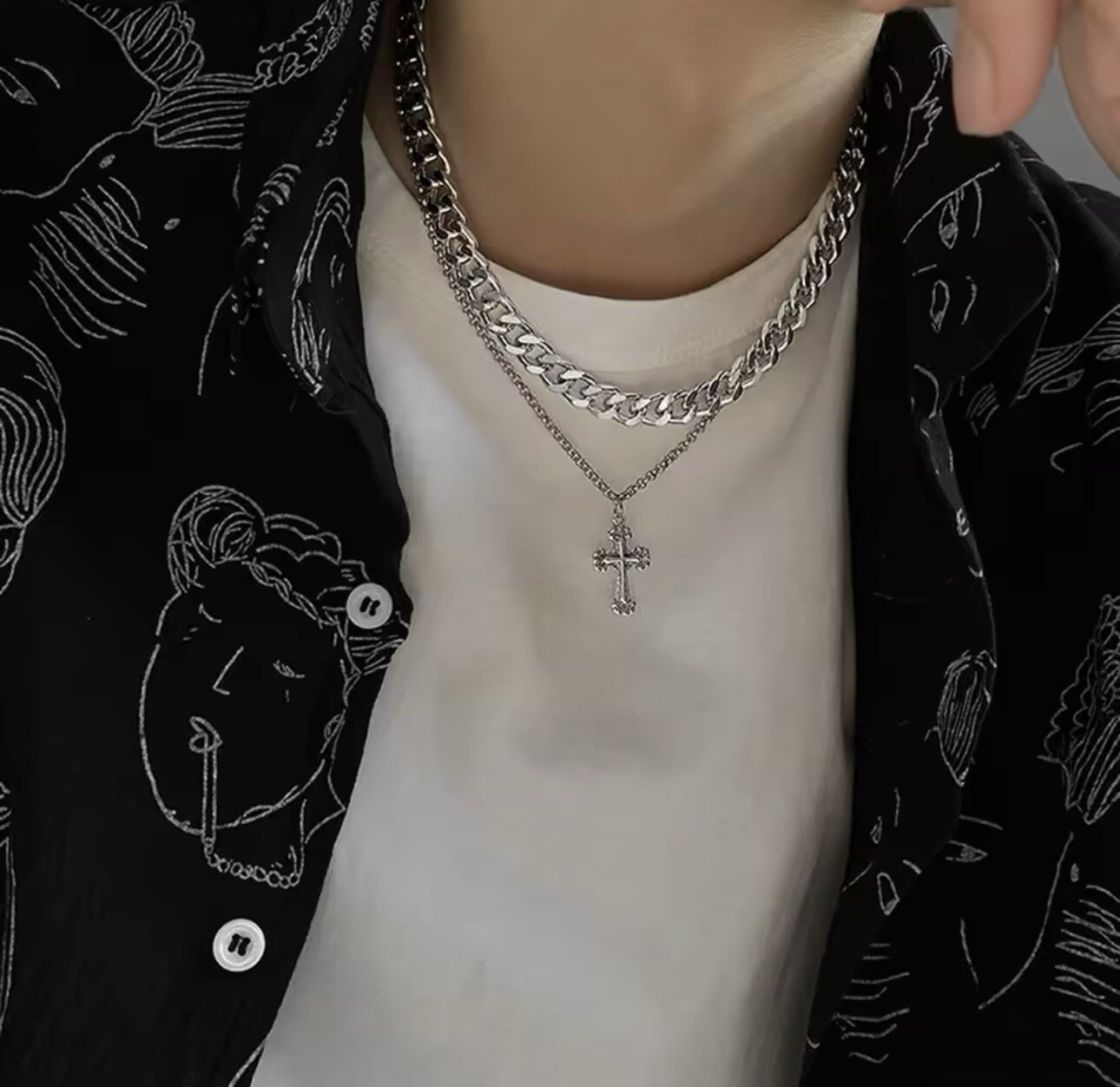 Mens Double Layer Cross Necklace Stainless Steel Chain Hip Hop Unisex Women New